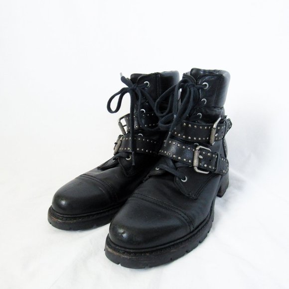 SOLD FRYE Black Leather 'Samantha' Studded Combat Biker Moto Boots -9 1/2 - Picture 15 of 15